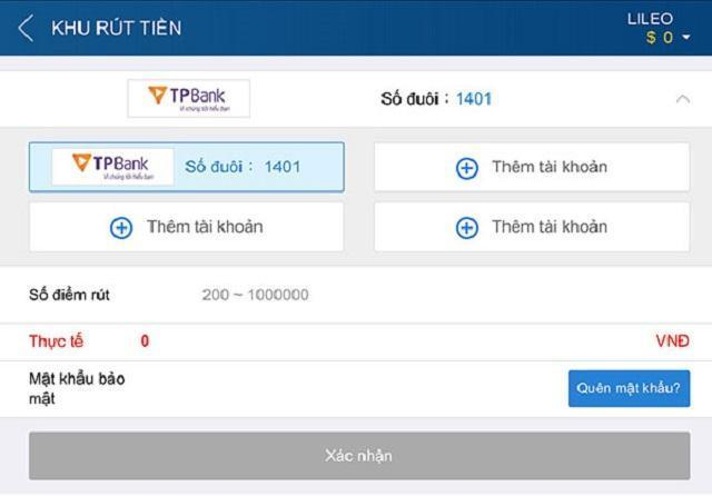 Người chơi phải thêm tài khoản ngân hàng mới rút được tiền